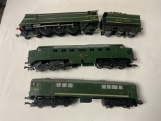 PART TRAIN SET OO GAUGE INCLUDES HORNBY DUBLO THREE RAIL DIESELS, A TWO RAIL STEAM LOCO AND