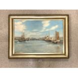 F.THOMPSON 1900 SIGNED LARGE OIL ON CANVAS OF SHIPS IN THE HARBOUR FRAMED 92 X 67CM