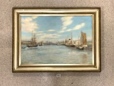 F.THOMPSON 1900 SIGNED LARGE OIL ON CANVAS OF SHIPS IN THE HARBOUR FRAMED 92 X 67CM