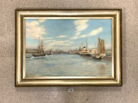 F.THOMPSON 1900 SIGNED LARGE OIL ON CANVAS OF SHIPS IN THE HARBOUR FRAMED 92 X 67CM