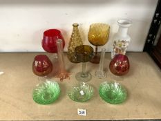 MIXED VINTAGE ART GLASS AMBER, GREEN AND ETCHED