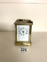 BRASS CARRIAGE CLOCK WITH WHITE ENAMEL DIAL (POSTILION) WORKING ORDER WITH KEY