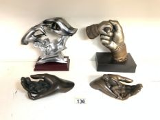 FOUR BRONZED HAND ART SCULPTURES