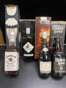 FOUR BOTTLES OF WHISKY - BLACK & WHITE; 75 CL, QUEEN ANNE; 75 CL, REMY MARTIN (NO SIZE MARKED) & JIM