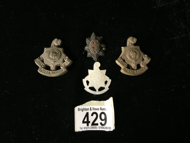 THREE THE ROYAL SUSSEX REGIMENT CAP BADGES, TWO PLASTIC EXAMPLES AND ONE MOTHER OF PEARL AND A - Image 4 of 4
