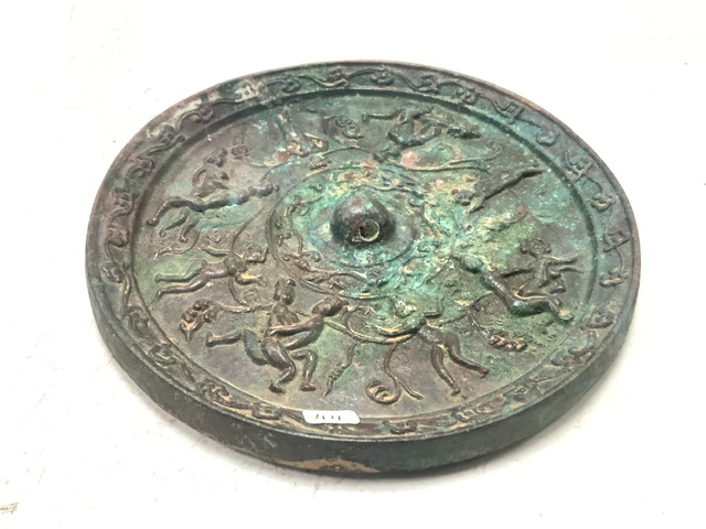 ANTIQUE CHINESE BRONZE WEAR DECORATED WITH ADULT SCENES; 19CM DIAMETER - Image 3 of 4