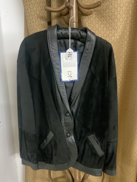 A BLACK SUEDE AND REAL LEATHER LINED JACKET MADE IN UK, SIZE MEDIUM