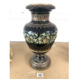 VICTORIAN GLASS VASEWITH EMBOSSED WITH VINE LEAFS AND GRAPES RAISED ON A CIRCULAR FOOT BASE; 43CM