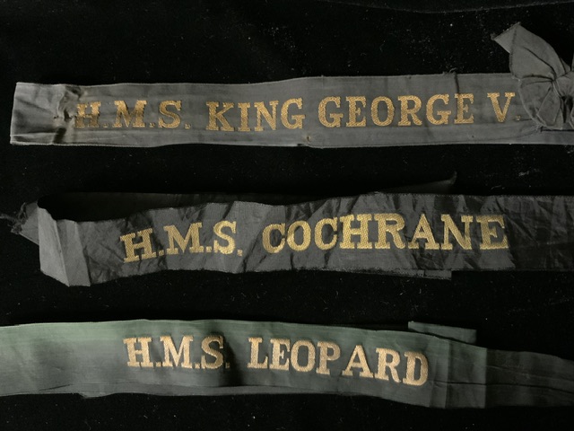 THREE VINTAGE ROYAL NAVY CAP TALLIES; HMS LEOPARD, HMS COCHRANE AND HMS KING GEORGE V - Image 2 of 3