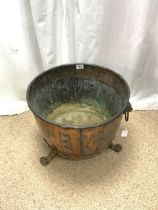 LARGE COPPER BUCKET WITH LION HANDLES AND BRASS PAW FEET 47CM DIAMETER