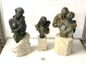 THREE BRONZED FIGURES ON PLINTHS; LARGEST 36CM