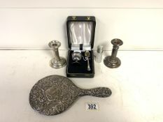 MIXED HALLMARKED SILVER ITEMS CANDLESTICKS A/F HAND MIRROR, PERFUME BOTTLE AND CHRISTENING SET
