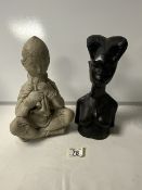 AFRICAN WOODEN CARVED BUST WITH A CONCRETE BUDDHA 29CM