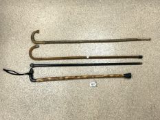FOUR WALKING CANES INCLUDES TWO WITH WHITE METAL AND TWO CARVED HEADS