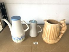 LARGE SYLVAC JUG WITH A SQUIRREL HANDLE, POOLE WATER JUG AND A WOOD & SONS COFFEE POT