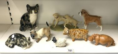 MIXED CERAMIC ANIMALS, WINSTANLEY CATS, BESWICK BOXER DOG AND MORE