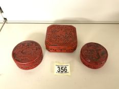 THREE CARVED CHINESE CINNABAR LIDDED POTS LARGEST 9.5CM