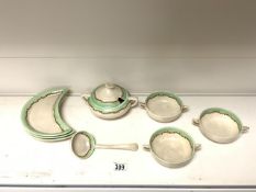 CLARICE CLIFF SOUP BOWL AND LADLE WITH THREE SOUP BOWLS AND THREE CRESCENT SHAPED DISHES