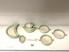 CLARICE CLIFF SOUP BOWL AND LADLE WITH THREE SOUP BOWLS AND THREE CRESCENT SHAPED DISHES