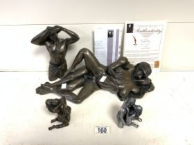 FOUR BRONZED FIGURAL GROUPS; LARGEST 42CM