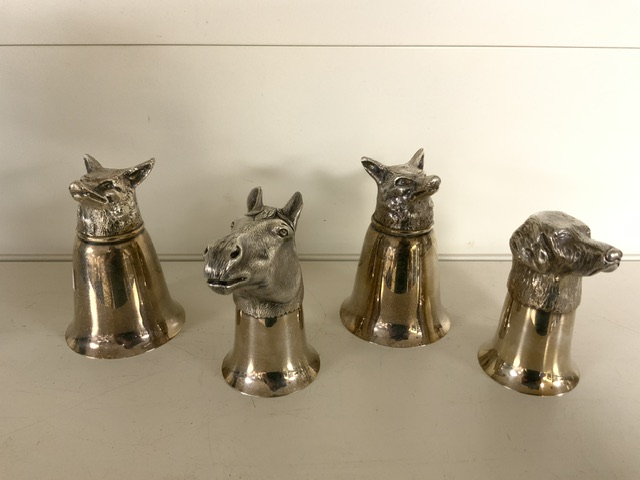 FOUR CHALICE HUNTING CUPS SILVER-PLATED WITH FINELY WORKED ANIMAL HEADS - Image 3 of 4