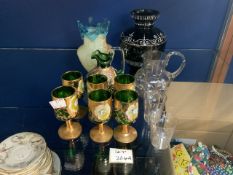 MIXED VINTAGE GLASS, MURANO LICQUER SET, VASELINE GLASS AND MORE