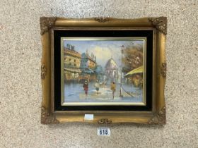 J BURNETT OIL ON CANVAS PARISIAN STREET SCENE IN A GILDED FRAME 36 X 31CM