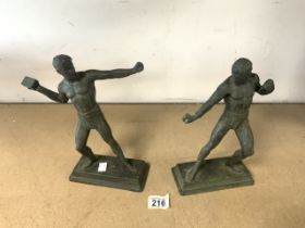 TWO BRONZED FIGURES OF MEN; 28CM