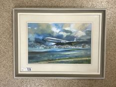 MILES O REILLY WATERCOLOUR DRAWING B.O.A.C AIRCRAFT TAKING OFF FROM HONG KONG AIRPORT FRAMED AND