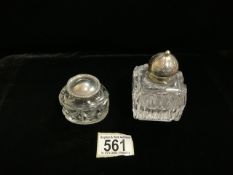 TWO STERLING SILVER MOUNTED GLASS INKWELLS; A VICTORIAN EXAMPLE, BY ELKINGTON & CO, BIRMINGHAM 1895,