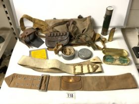 MIXED MILITARIA INCLUDES BELTS, TRENCH ART LIGHTER, TORCH AND MORE