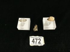 A 9 CARAT GOLD RING, SHEFFIELD 1978, MONOGRAMMED, ANOTHER 9 CARAT GOLD RING, WITH HEARTS SET WITH