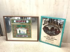 TWO VINTAGE ADVERTISING MIRRORS, JIM BEAM AND HOPPE NIGHT CAP; LARGEST 79 X 63CM