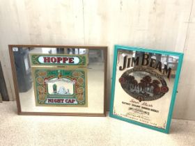 TWO VINTAGE ADVERTISING MIRRORS, JIM BEAM AND HOPPE NIGHT CAP; LARGEST 79 X 63CM