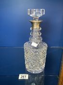 HALLMARKED SILVER NECK AND CUT GLASS DECANTER BY PREECE AND WILLICOMBE; 30CM