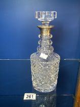 HALLMARKED SILVER NECK AND CUT GLASS DECANTER BY PREECE AND WILLICOMBE; 30CM