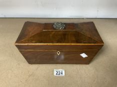 VICTORIAN MAHOGANY AND BOX WOOD STRUNG SARCOPHAGUS SHAPED TEA CADDY WITH LIDDED COMPARTMENTS AND
