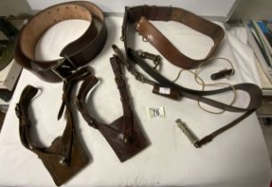MIXED LEATHER BELTS INCLUDES EAST GERMAN ARMY, WWII BRITISH SAM BROWNE SWORD FROG, 1914 MILITARY