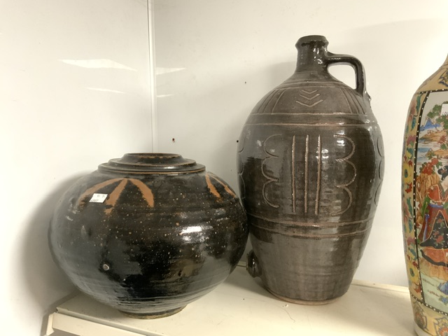 TWO LARGE STONEWARE POTS/JUGS WITH A CHINESE FAMILLE ROSE VASE 61CM - Image 3 of 3