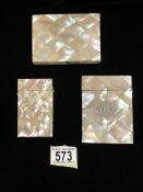 THREE ANTIQUE MOTHER OF PEARL CARD CASES, ONE WITH DECORATIVE SILVER VACANT CARTOUCHE, LENGTH OF