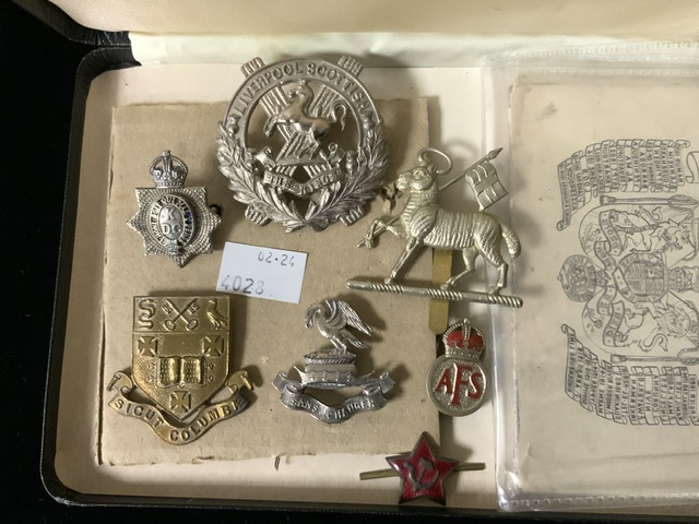 A SOVIET / RUSSIAN MILITARY CAP BADGE WITH TWO LOCKS OF HAIR AND A QUANTITY OF METAL BADGES, - Image 3 of 6