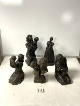 FIVE BRONZED FIGURAL GROUPS; LARGEST 25CM