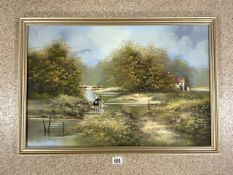 LES PARSONS (BRITISH, B.1945) SIGNED OIL ON CANVAS OF A RIVER SCENE FRAMED 81 X 56