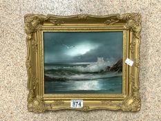 HIGGS SIGNED OIL ON BOARD SEA SCAPE GILDED FRAME 34 X 29cm