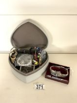 JEWELLERY BOX OF COSTUME JEWELLERY, GUCCI MARKED WATCH INCLUDES SOME SILVER