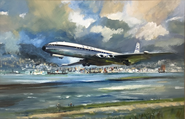 MILES O REILLY WATERCOLOUR DRAWING B.O.A.C AIRCRAFT TAKING OFF FROM HONG KONG AIRPORT FRAMED AND - Image 2 of 6