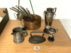 COPPER AND SILVER PLATED ITEMS, COPPER GRADUATED PANS, 1930S CUPS AND MORE