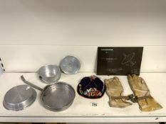 COOKING PAN, LEATHER GLOVES, VINTAGE CAP AND A METAL PLAN OF A CANBERRA B.2