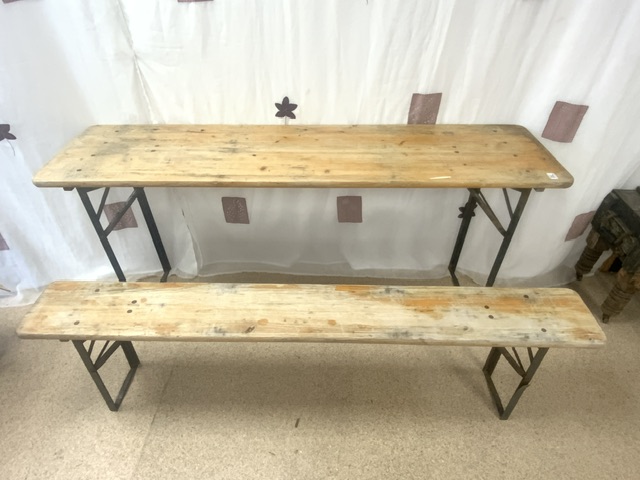 FOLDING TABLE WITH MATCHING BENCH WOOD AND METAL FRAME 176 X 45CM
