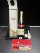 BOXED PERRIER - JOUET CHAMPAGNE 750CL, MALIBU AND HARVEYS BRISTOL CREAM MINIATURES WITH SPARKLETS
